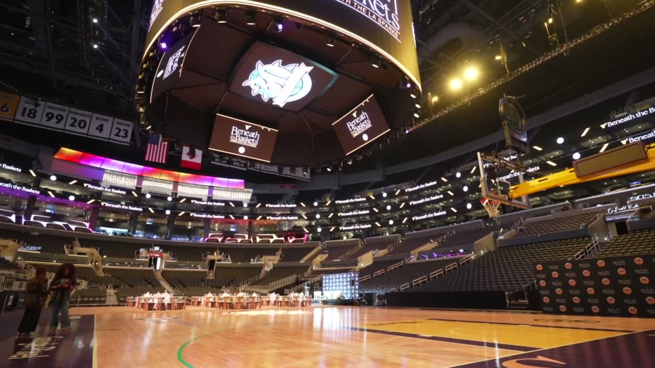 The arena floor, set for dinner